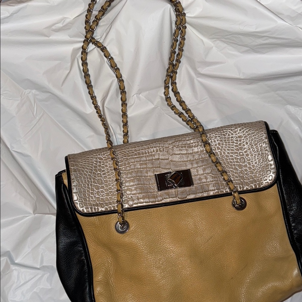 Elie Tahari Black and Tan Shoulder Bag with Braided Straps
